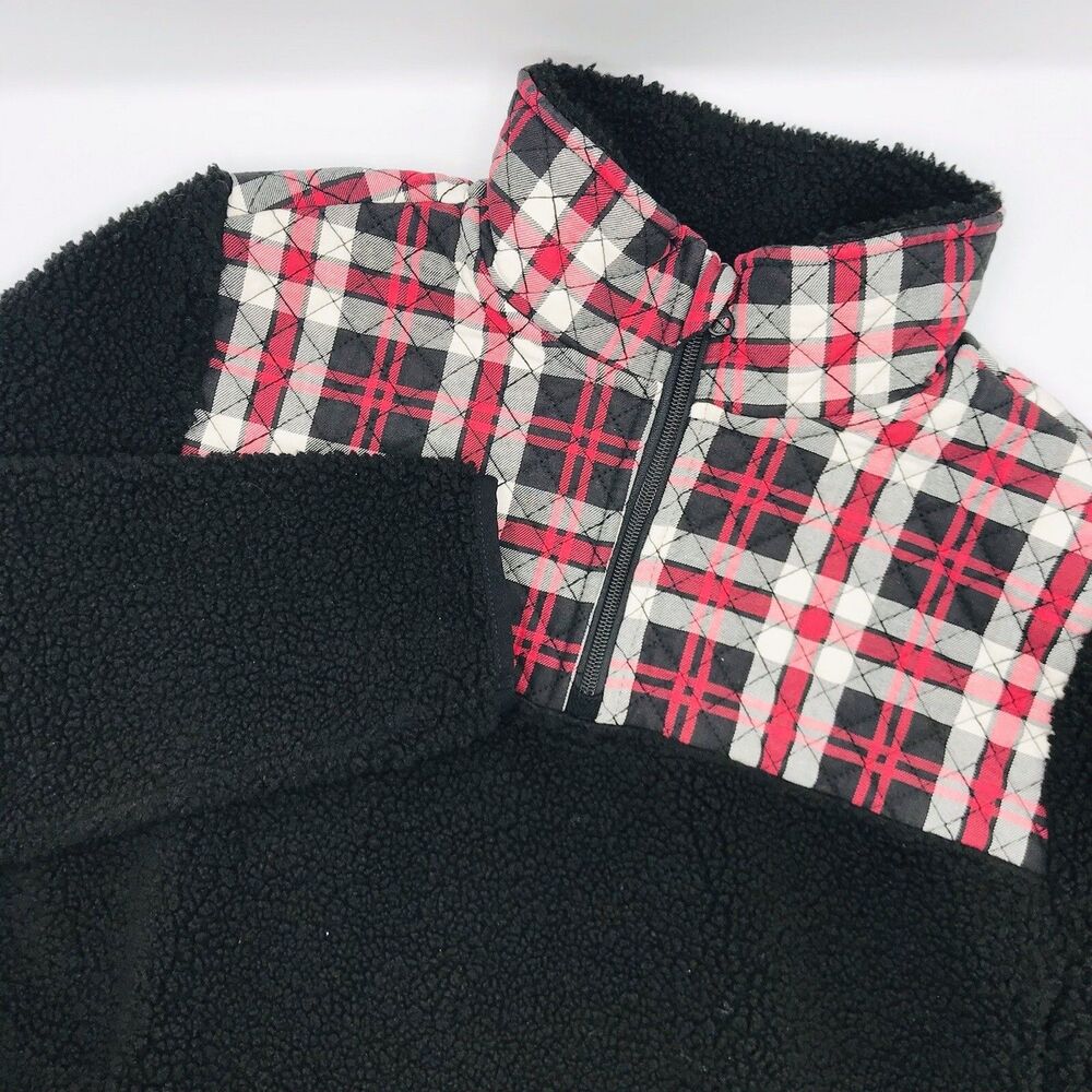 Vera Bradley Teddy Fleece Pocket Pullover  Black Multicolor Paris Plaid Womens M